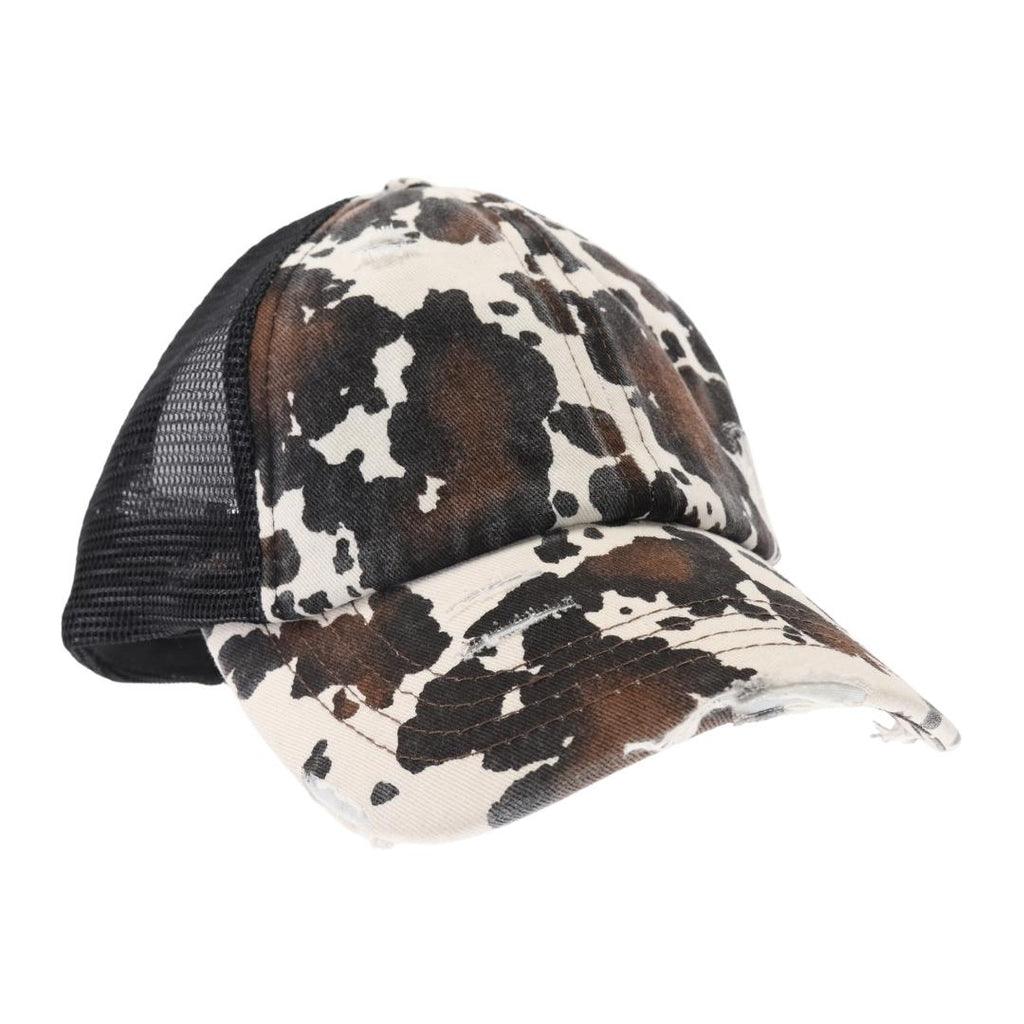 CC Beanie Cow Print Crisscross Ladies High Ponytail Cap - Western Skies Design Company