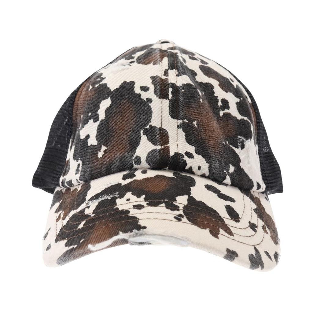 CC Beanie Cow Print Crisscross Ladies High Ponytail Cap - Western Skies Design Company