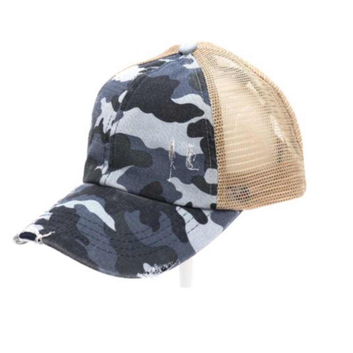 CC Beanie Distressed Camo Crisscross High Ponytail Cap - Western Skies Design Company