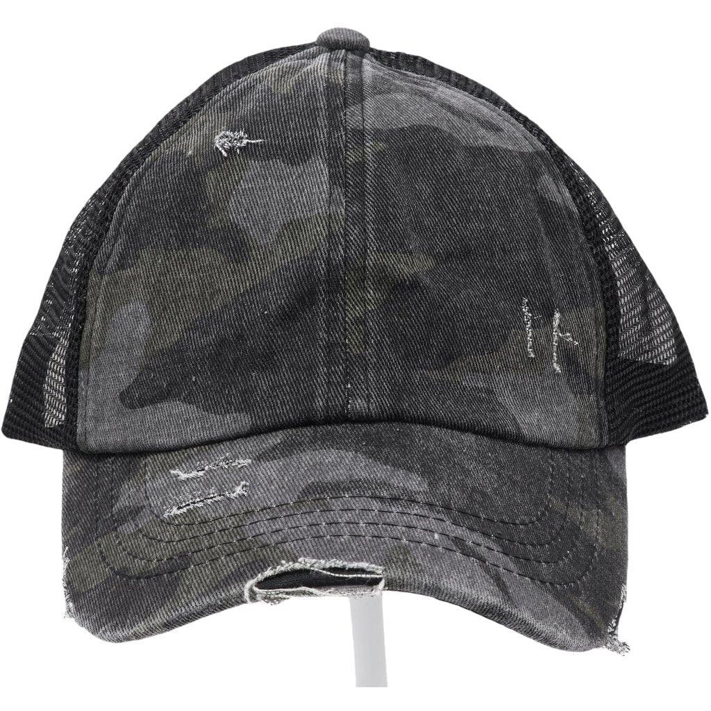 CC Beanie Distressed Camo Crisscross High Ponytail Cap - Western Skies Design Company