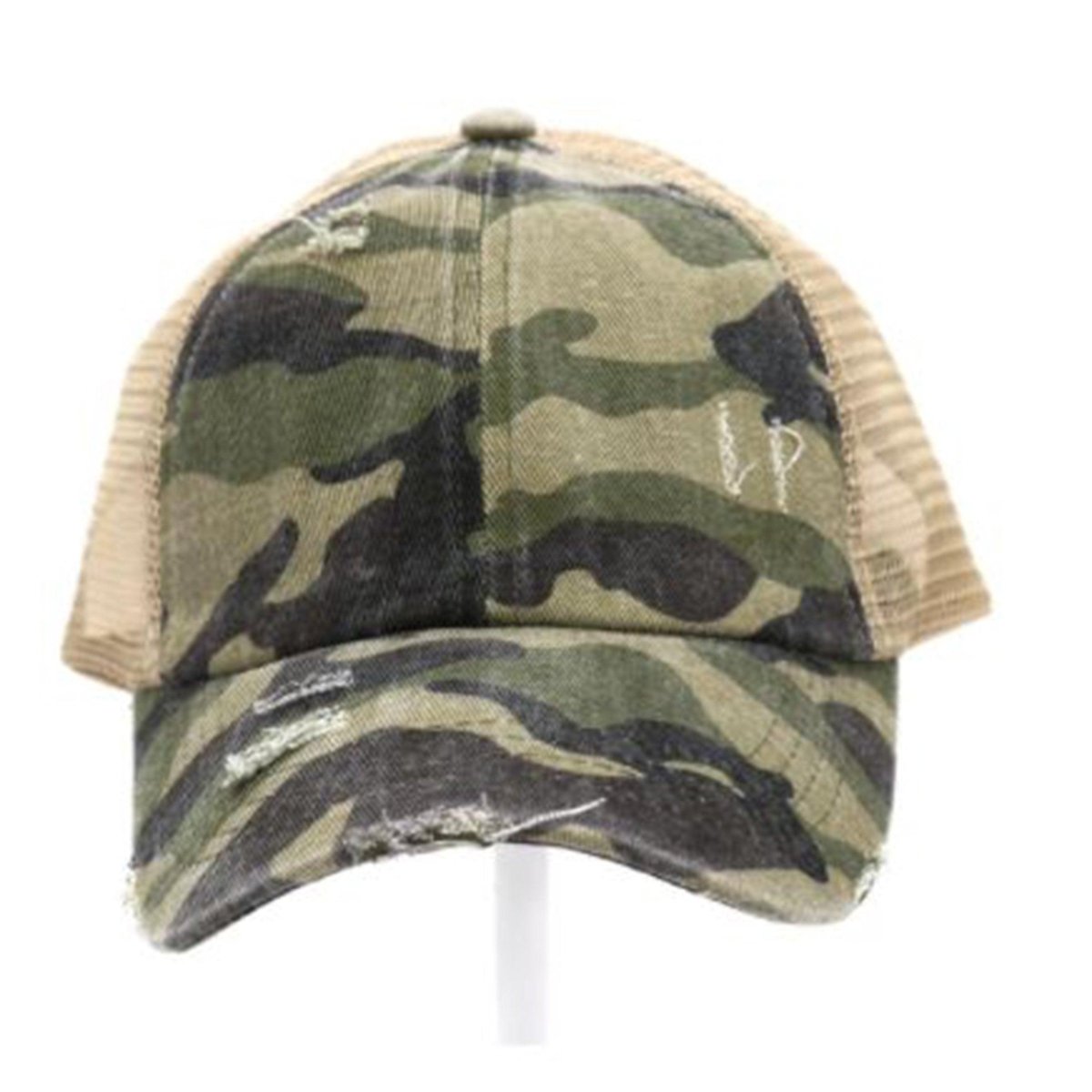 CC Beanie Distressed Camo Crisscross High Ponytail Cap - Western Skies Design Company