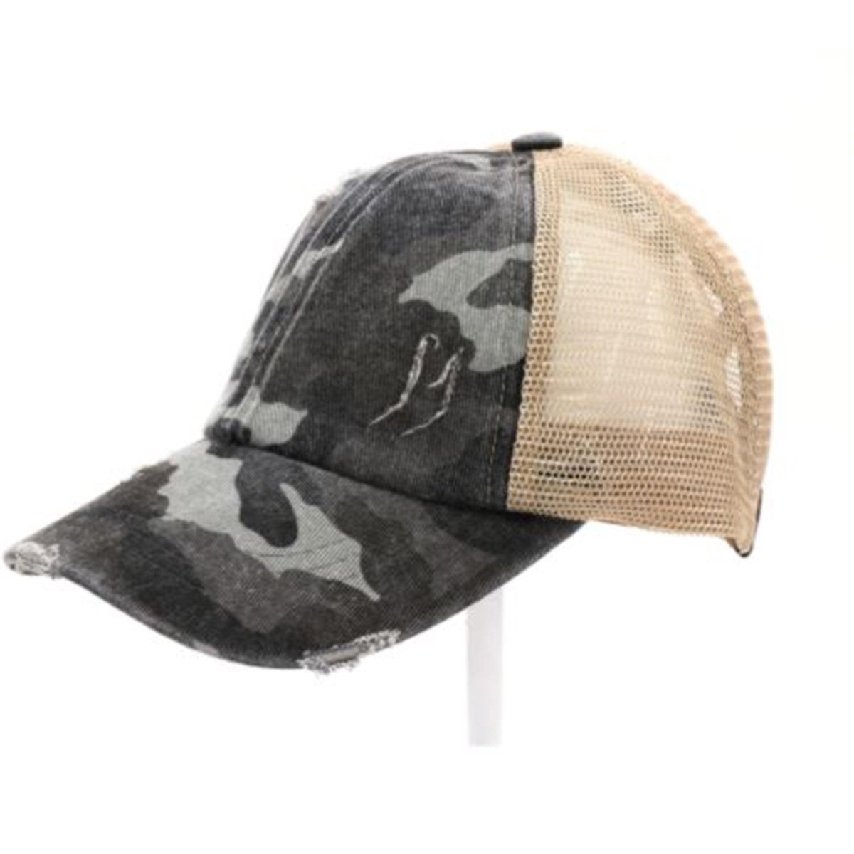 CC Beanie Distressed Camo Crisscross High Ponytail Cap - Western Skies Design Company